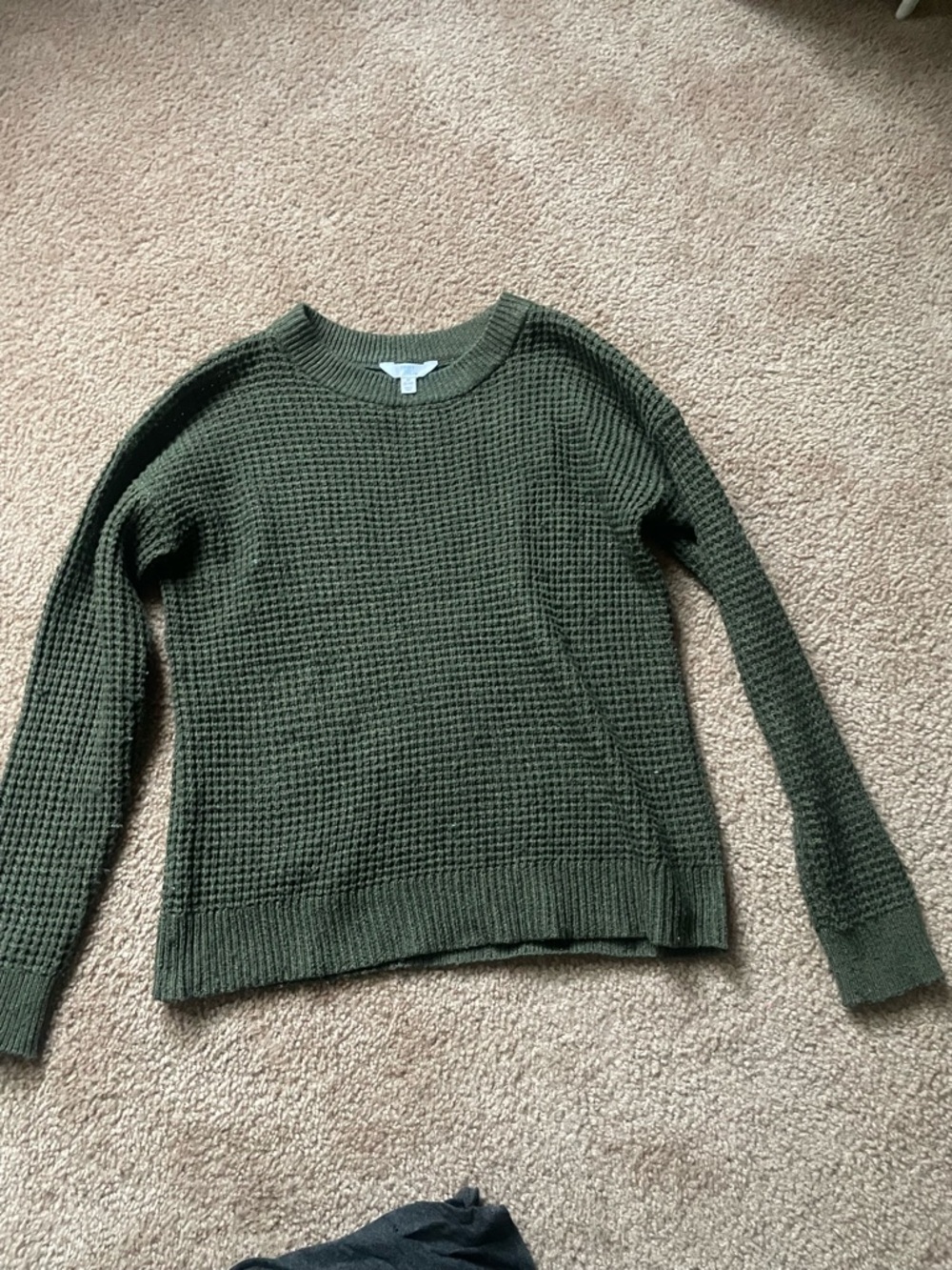 Time and Tru Olive Green Waffle Knit Crew Sweater